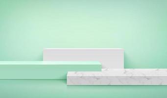 Modern white marble and green cube step podium with light green empty room background. Abstract vector rendering 3d shape for advertising product display. Pastel minimal scene studio room.