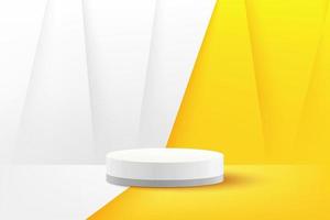 Modern white cylinder podium with white and yellow empty room background. Abstract vector rendering 3d shape for advertising product display with copy space. Pastel minimal scene studio room concept.