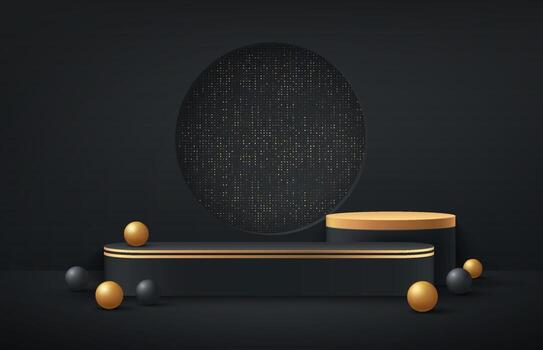 Luxury black and gold round podium on dark empty room background and black, golden sphere decorate. Abstract vector rendering 3d shape for advertising products display. Minimal scene studio room.