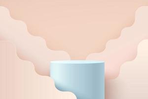 Modern light blue cylinder podium with pastel geometric curve pattern and empty room background. Abstract vector rendering 3d shape for advertising product display. Minimal scene studio room.