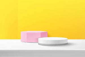 Representación vectorial abstracta de forma 3d para la exhibición de productos publicitarios con espacio de copia. podio geométrico blanco y rosa moderno con fondo blanco y amarillo de la habitación vacía. concepto mínimo de sala de estudio. vector