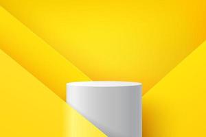 Modern white cylinder podium with yellow empty room and geometric pattern background. Abstract vector rendering 3d shape for advertising product display. Pastel minimal scene studio room concept.