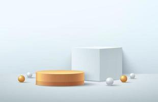 Luxury white cube and gold cylinder pedestal podium. White minimal wall scene. White and gold sphere ball decorate. Abstract vector rendering 3d shape for products display presentation.