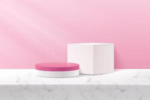 Abstract vector rendering 3d shape for advertising product display with copy space. Modern white and pink geometric podium with pastel empty room and marble pattern background. Studio room concept.