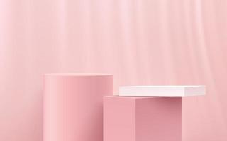 Modern pink cylinder, White cube pedestal podium, Light pink empty room with curtains decorate. Abstract vector rendering 3d shape, Cosmetic products display presentation. Pastel room minimal scene.