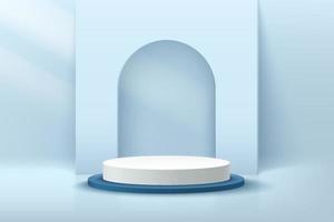 Modern white and blue cylinder pedestal podium in light blue empty room. Abstract vector rendering 3d shape for cosmetic products display presentation. Pastel minimal scene studio room.