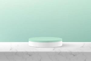Abstract vector rendering 3d shape for cosmetic products display presentation. Modern white and green cylinder pedestal podium with green empty room and marble pattern background. Studio room concept.