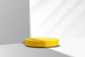 Modern yellow and black cylinder pedestal podium, White empty room with window shadow. Abstract vector rendering 3d shape, Cosmetic products display presentation. Studio room minimal wall scene.