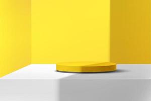 Modern yellow and black cylinder pedestal podium, yellow and white empty room with shadow of window. Abstract vector rendering 3d shape, Products display presentation. Studio room minimal wall scene.