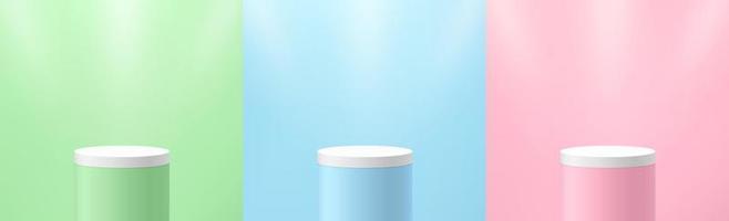 Set of green, blue, pink round cylinder pedestal podium display on empty room background. Abstract modern vector rendering 3d shape for cosmetic products presentation. Pastel minimal scene room.