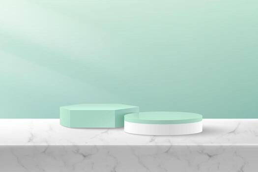 Abstract vector rendering 3d shape for advertising product display with copy space. Modern white and green geometric podium in green empty room and marble pattern background. Studio room concept.
