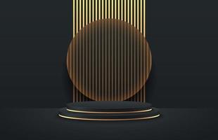 Abstract vector rendering 3d shape for advertising products display. Modern black and gold cylinder podium with transparent glass and vertical golden stripes background. Minimal scene studio room.