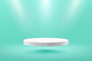 Modern floating white marble cylinder podium with light green empty room and spot light background. Abstract vector rendering 3D shape for advertising products display. Minimal scene studio room.