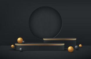 Luxury black and gold round podium on dark empty room background. Black, golden ball sphere decorate. Abstract vector rendering 3d shape for products display presentation. Minimal scene studio room.