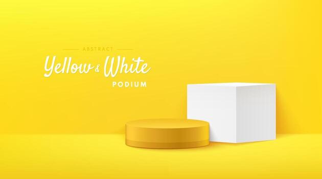 Abstract vector rendering 3d shape for advertising products display with copy space. Modern white and yellow geometric podium with empty room background. Minimal studio room concept. Vector EPS10