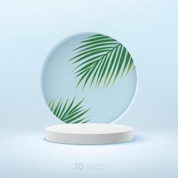 Representación vectorial abstracta en 3D para presentación de productos. podio de pedestal cilíndrico blanco moderno con habitación vacía de color azul claro y fondo de hoja de coco verde. sala de estudio de escena mínima. vector