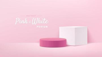 Abstract vector rendering 3d shape for advertising products display with copy space. Modern white and pink geometric podium with empty room background. Minimal studio room concept. Vector illustration