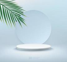 Abstract vector rendering 3d shape for products display presentation. Modern white cylinder pedestal podium with light blue empty room and green coconut leaf background. Minimal scene studio room.