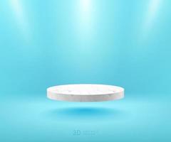 Modern floating white marble cylinder podium with light blue empty room background. Abstract vector rendering 3d shape for advertising products display with copy space. Minimal studio room scene.