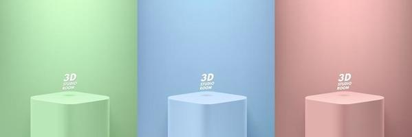 Set of green, blue, pink round corner cube pedestal podium with minimal wall scene. Modern vector rendering 3d shape for products display presentation. Pastel color abstract room. Geometric platform.