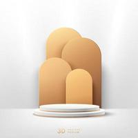 Abstract vector rendering 3d shape for cosmetic products display presentation. Luxury white and gold round pedestal podium with empty room and golden geometric shapes background. Minimal scene room.