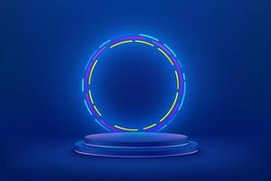 Abstract vector rendering 3d shape for cosmetic products display presentation. Modern technology blue cylinder podium with dark empty room and shiny ring neon background. Minimal scene studio room .