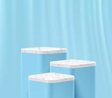 Modern white and blue round corner cube pedestal podium in blue curtain empty room. Abstract vector rendering 3d shape for cosmetic products display presentation. Pastel minimal scene studio room.
