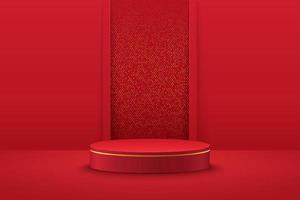 Abstract round display for product on website in modern. Background rendering with podium and minimal red curtain texture wall scene, 3d rendering geometric shape red and gold color. Oriental concept. vector