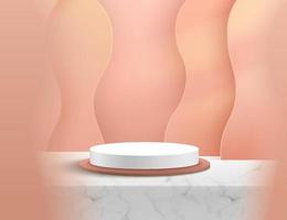 Modern white marble cylinder podium with soft pink empty room and wave pattern layer background. Abstract vector rendering 3D shape for advertising product display. Minimal scene studio room concept.