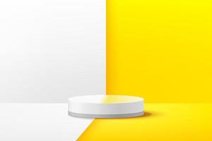 Abstract vector rendering 3d shape for advertising product display with copy space. Modern white and round podium with white and yellow empty room background. Pastel minimal studio room concept.