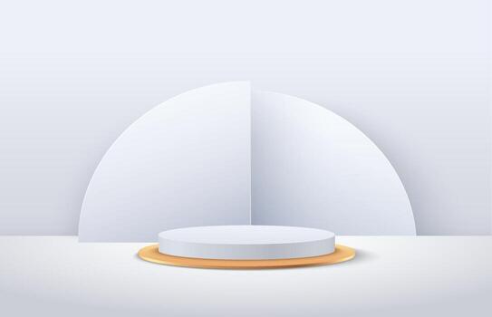 Modern white and gold cylinder podium with empty room and geometric pattern background. Abstract vector rendering 3d shape for advertising products display. Minimal scene studio room.