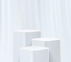 Modern white round corner cube pedestal podium, White curtain and empty room. Abstract vector rendering 3d shape, Cosmetic products display presentation. Minimal scene studio room.