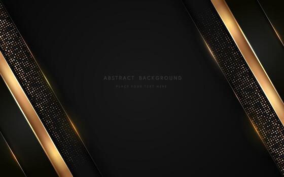Abstract luxurt black geometric overlap layers with stripe golden line and glitter lighting on dark background. Premium and elegant background with copy space. Vector illustration