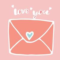 Envelope with heart declaration of love, letter with love note, love only you, vector image isolated on pink background, doodle style