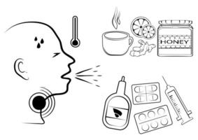 Flu man. Flu and cold treatment elements set. Including pills, syrups, tea, honey, lemon, antibiotics and other vector