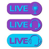 Live broadcast icons. Color symbols and buttons of live streaming, broadcasting. Set of online stream buttons with headphones and microphone. Vector