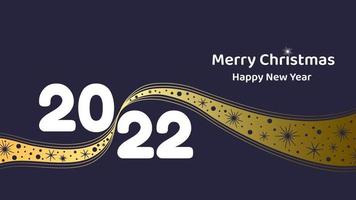 Merry Christmas and New Year 2022. Greeting card or banner with golden ribbon decorated with snowflakes. Flat vector illustration