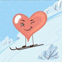 Cartoon cute heart skiing in the mountains in winter. Hand drawn vector illustration for kids