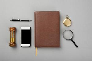 Top view work space on  gray background photo