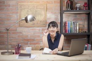 Beautiful woman is working in home office photo