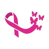 pink ribbon with butterflies breast cancer silhouette style icon vector