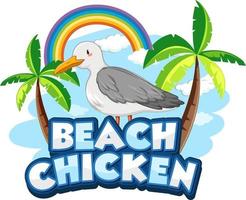 Seagull bird cartoon character with Beach Chicken font banner isolated vector