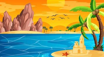 Beach at sunset time landscape scene with sand castle vector