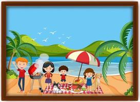 A picture of family picnic at the beach in a frame vector