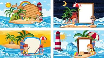 Set of different tropical beach scenes with blank banner vector