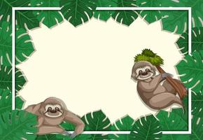 Empty banner with tropical leaves frame and sloth cartoon character vector