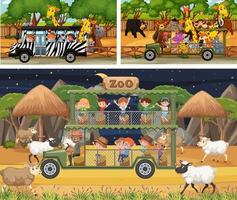 Diferentes escenas de safari con animales y personajes de dibujos animados para niños. vector