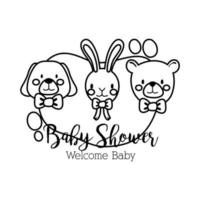 baby shower lettering with little animals line style vector