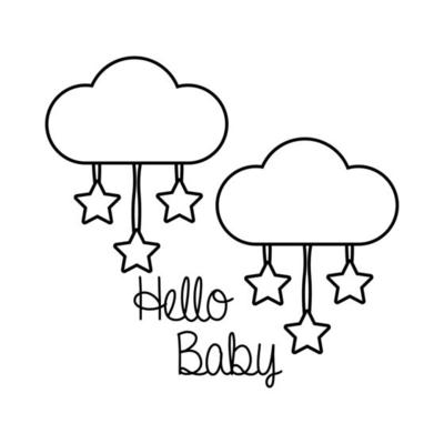 baby shower frame card with clouds and hello baby lettering line style