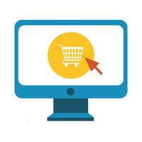 desktop with shopping cart and mouse arrow line and fill style icon vector